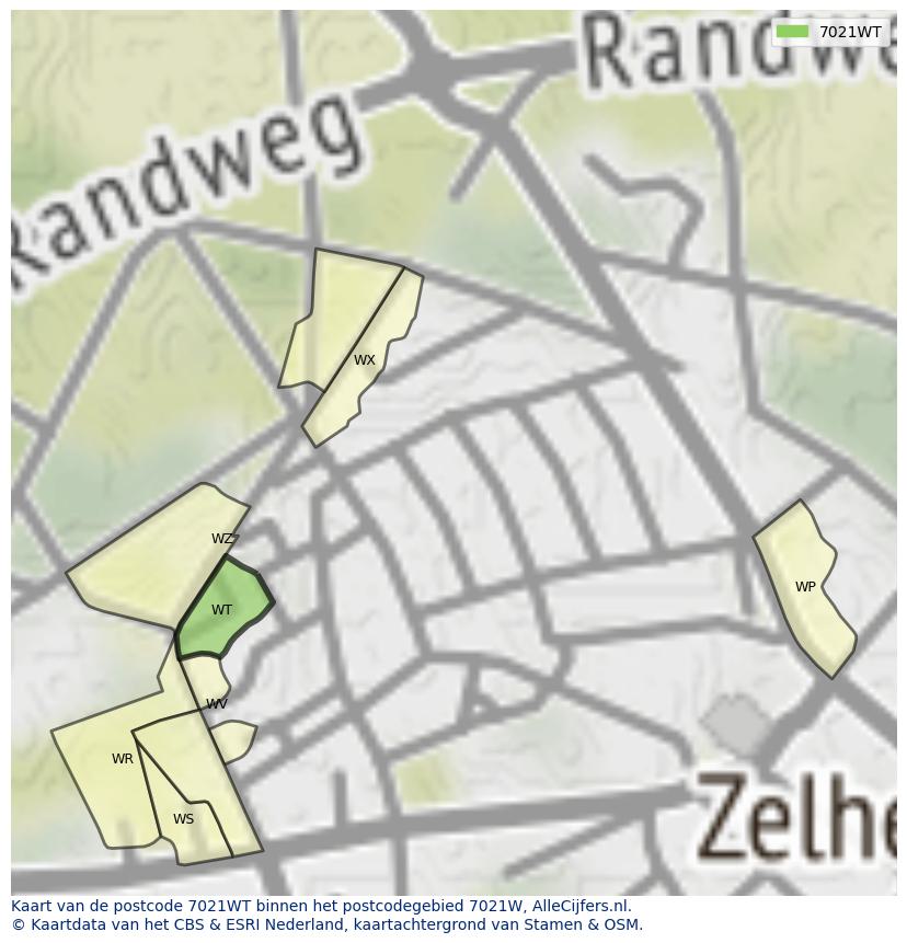Afbeelding van het postcodegebied 7021 WT op de kaart.