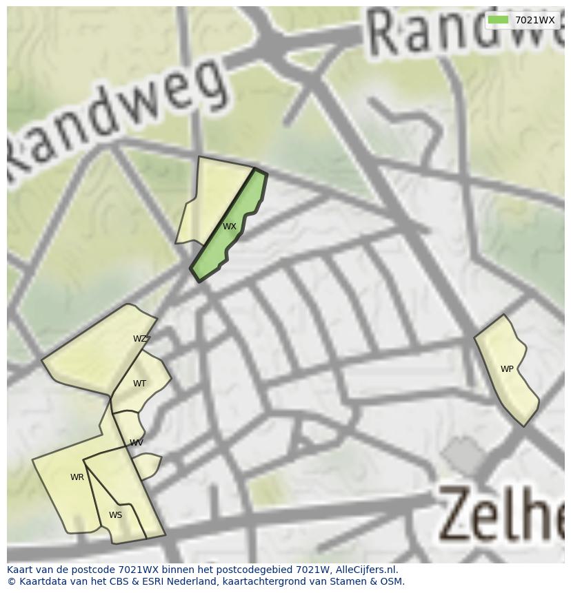 Afbeelding van het postcodegebied 7021 WX op de kaart.