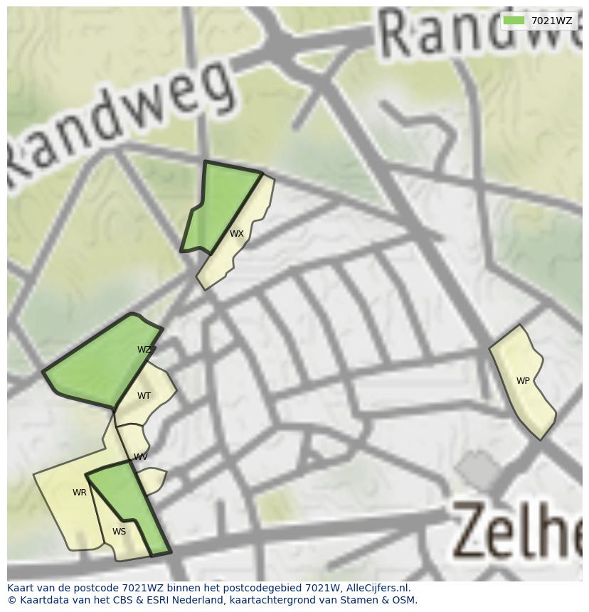 Afbeelding van het postcodegebied 7021 WZ op de kaart.