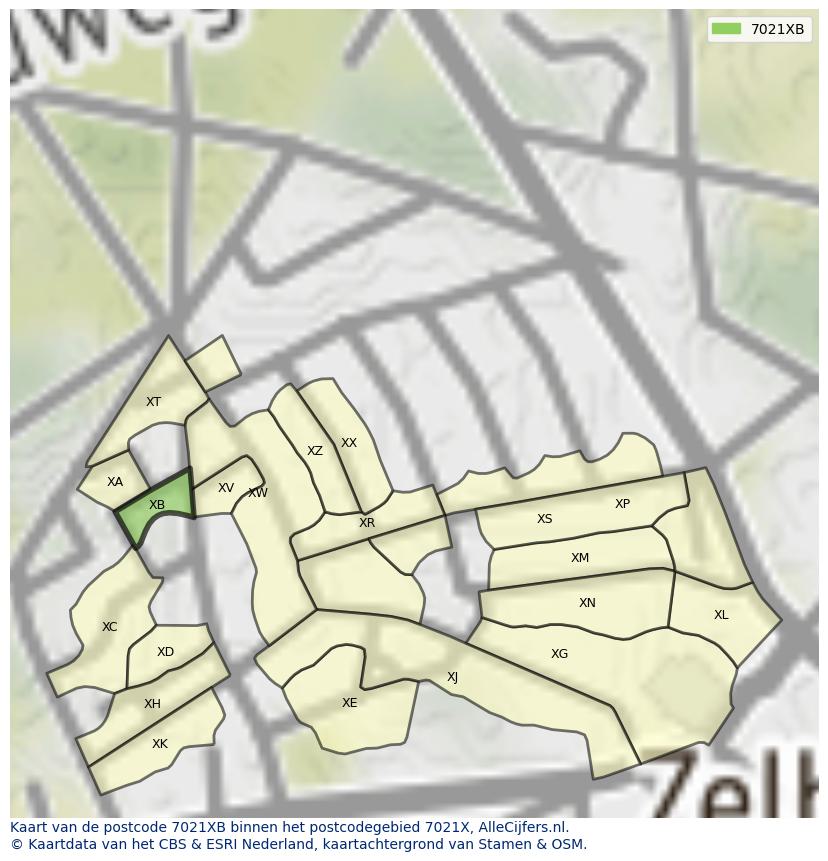 Afbeelding van het postcodegebied 7021 XB op de kaart.