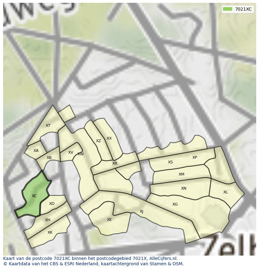 Afbeelding van het postcodegebied 7021 XC op de kaart.