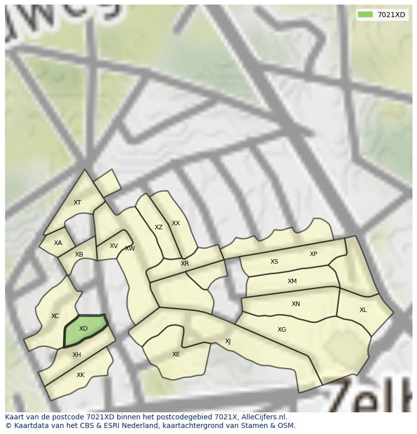 Afbeelding van het postcodegebied 7021 XD op de kaart.