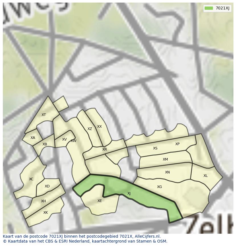 Afbeelding van het postcodegebied 7021 XJ op de kaart.
