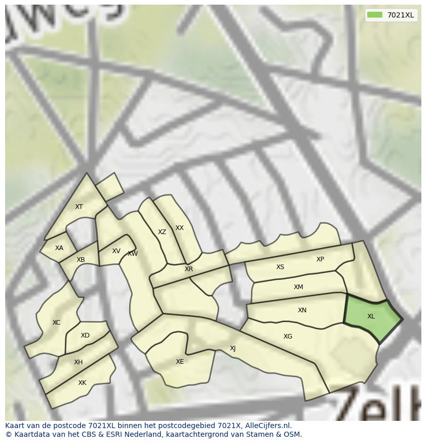 Afbeelding van het postcodegebied 7021 XL op de kaart.