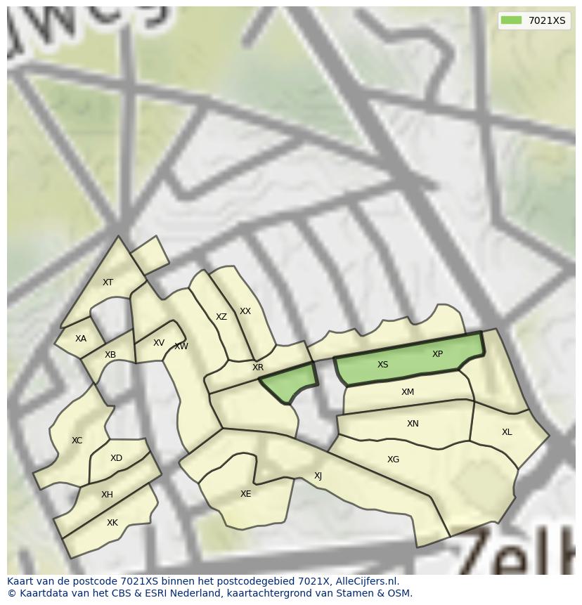 Afbeelding van het postcodegebied 7021 XS op de kaart.