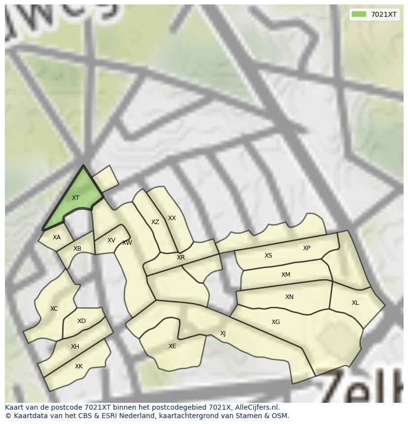 Afbeelding van het postcodegebied 7021 XT op de kaart.