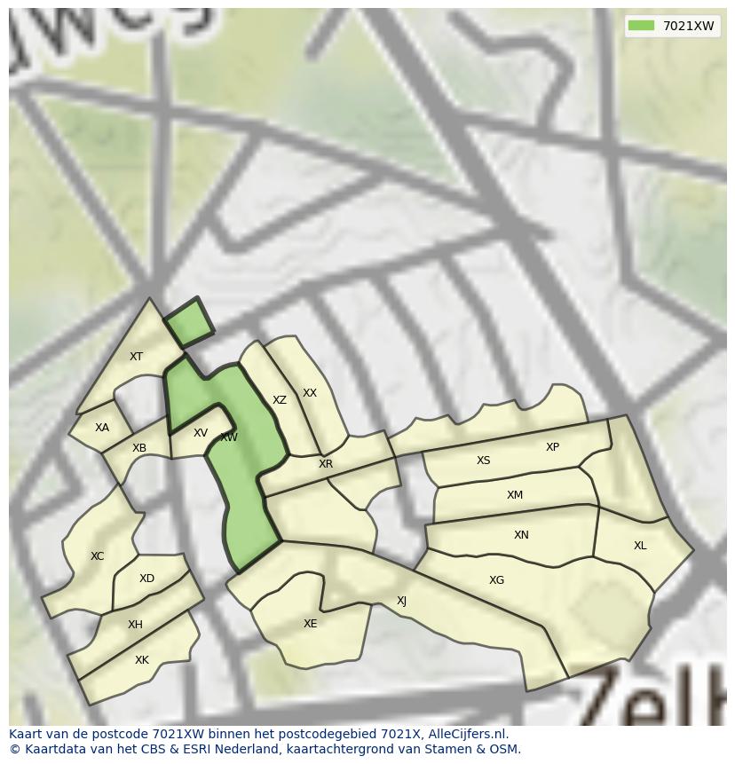 Afbeelding van het postcodegebied 7021 XW op de kaart.