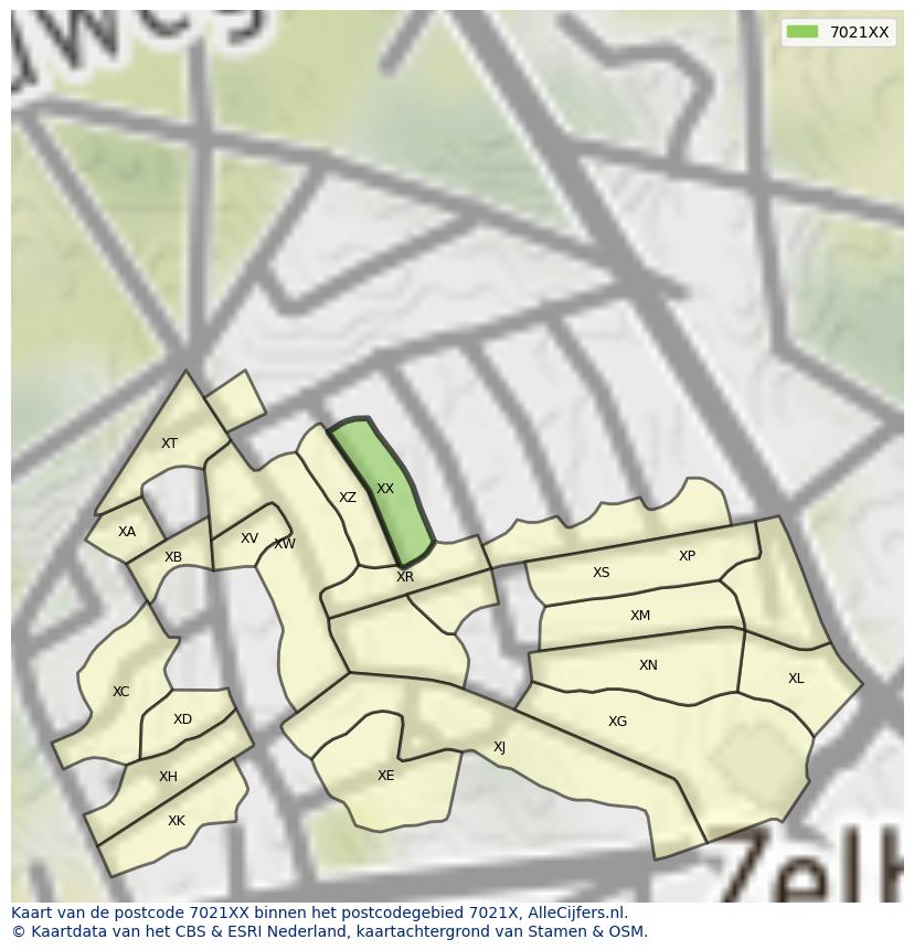 Afbeelding van het postcodegebied 7021 XX op de kaart.