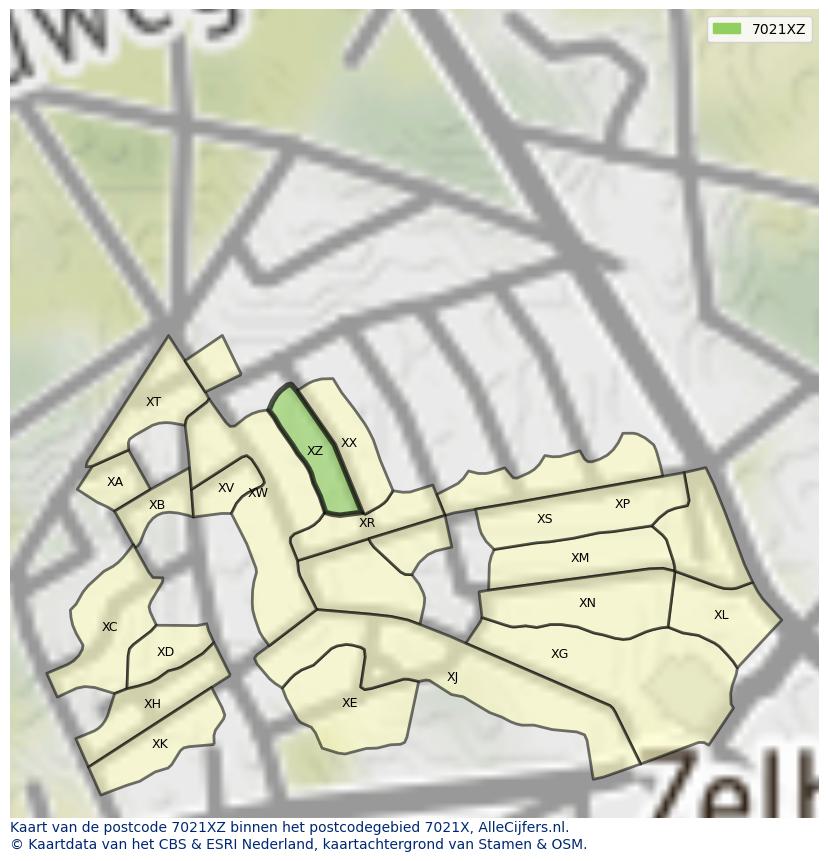 Afbeelding van het postcodegebied 7021 XZ op de kaart.