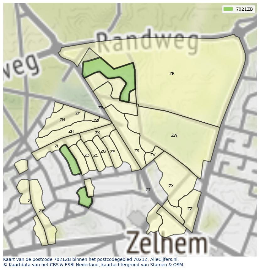 Afbeelding van het postcodegebied 7021 ZB op de kaart.