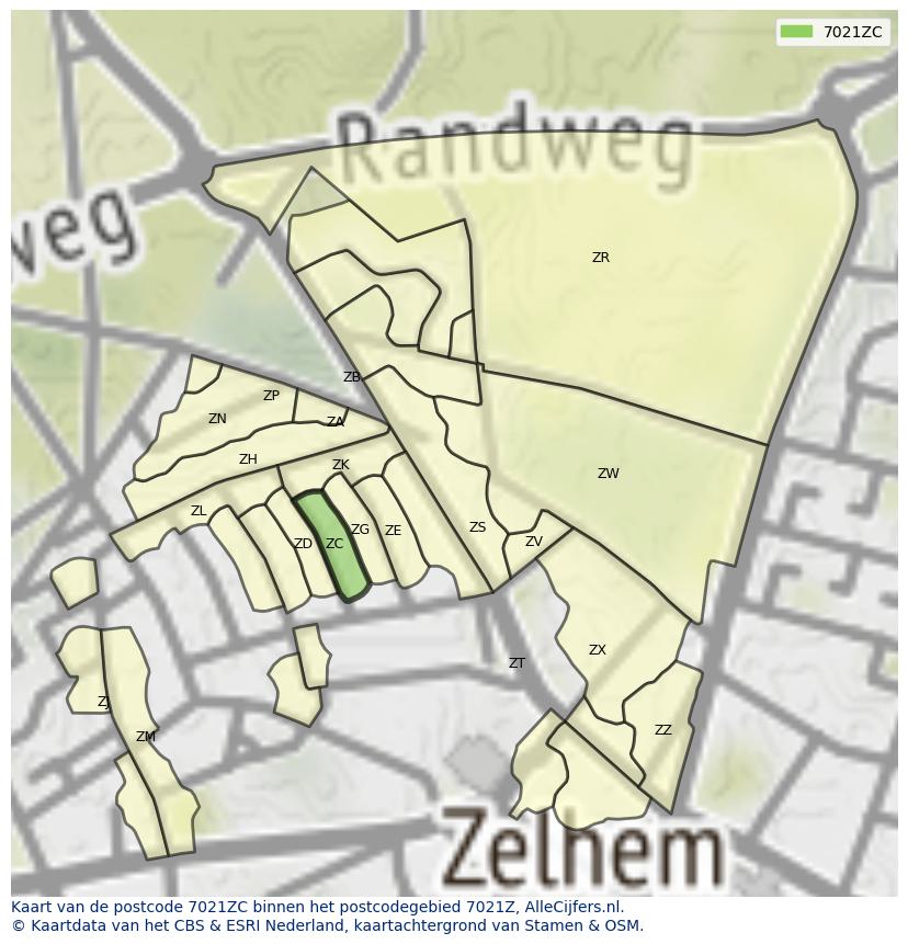 Afbeelding van het postcodegebied 7021 ZC op de kaart.