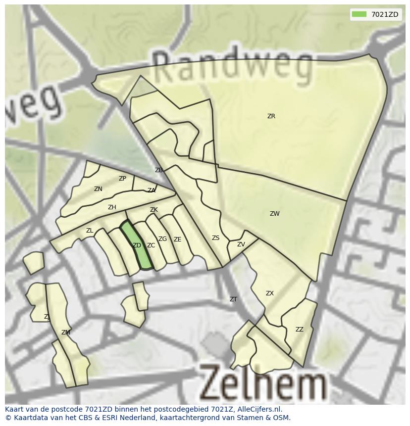 Afbeelding van het postcodegebied 7021 ZD op de kaart.