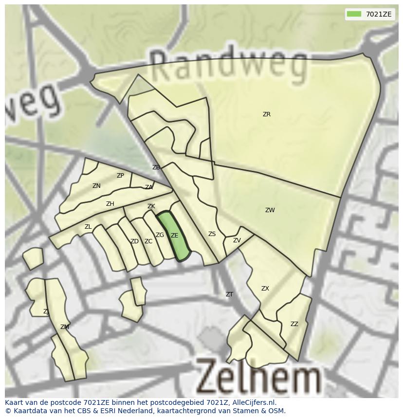 Afbeelding van het postcodegebied 7021 ZE op de kaart.