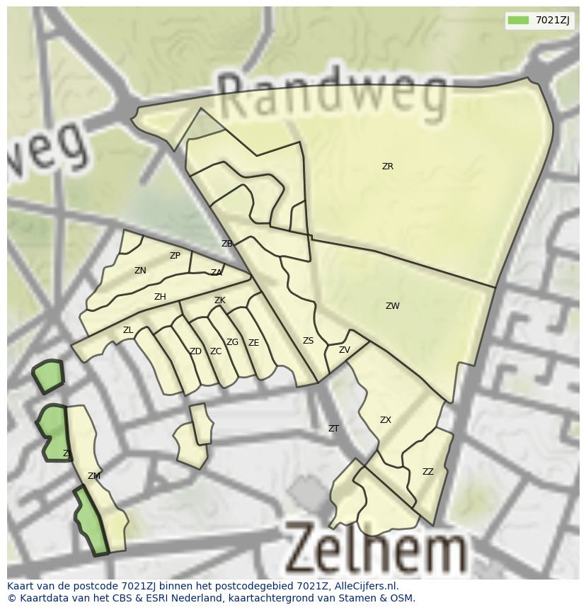 Afbeelding van het postcodegebied 7021 ZJ op de kaart.