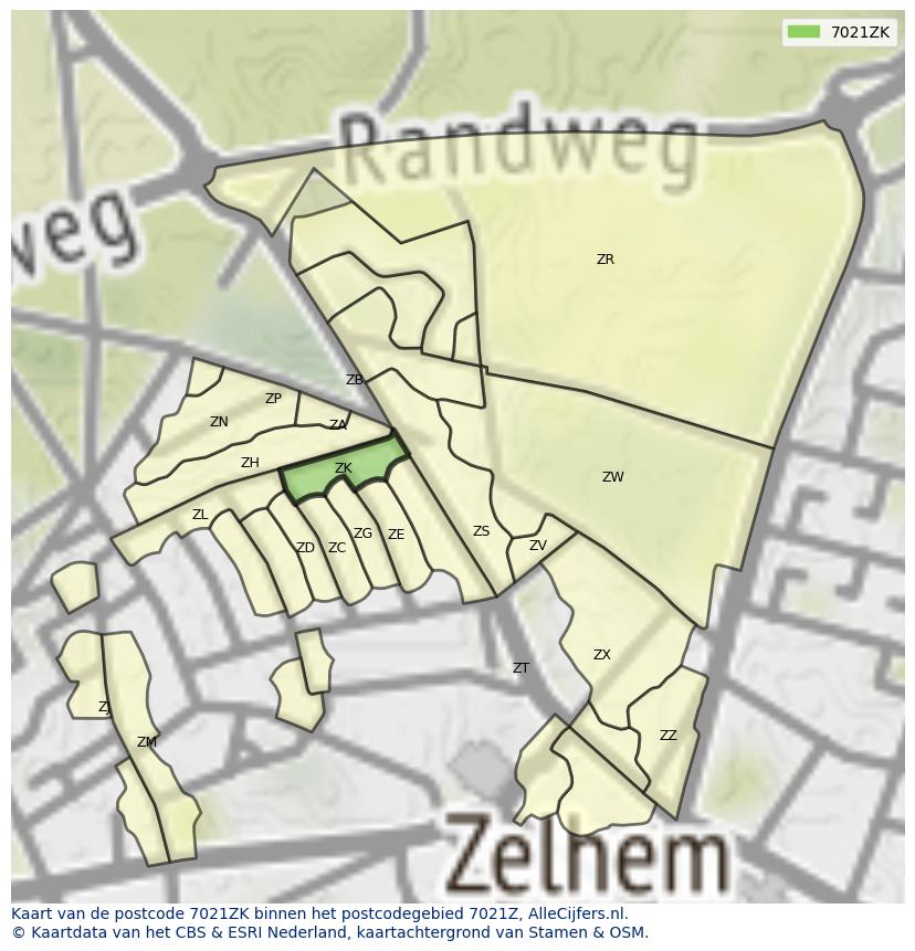 Afbeelding van het postcodegebied 7021 ZK op de kaart.