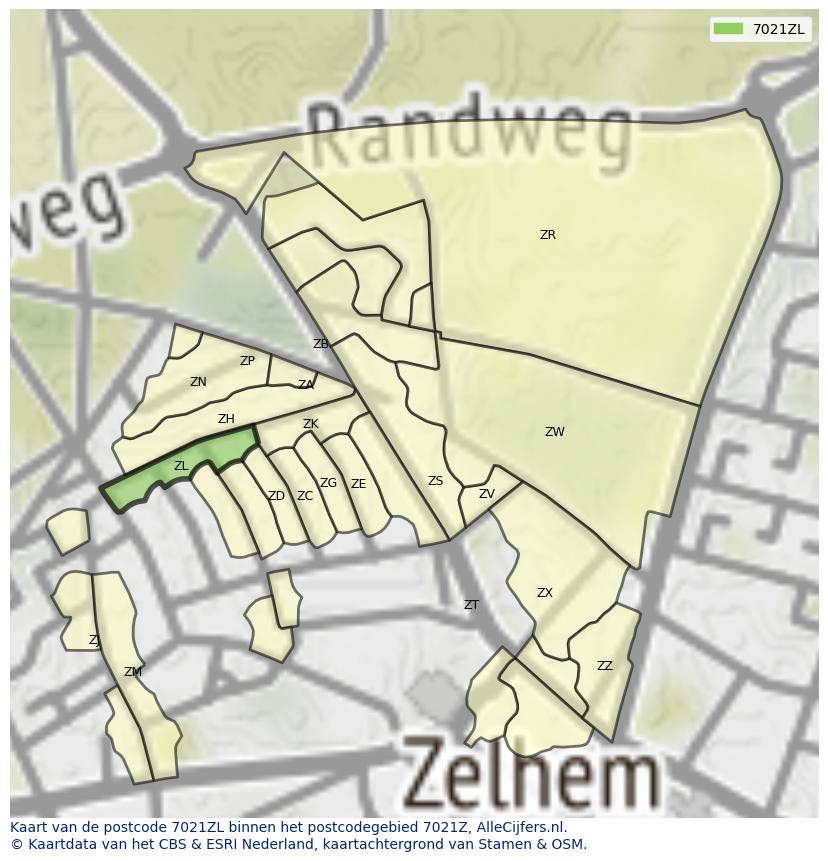 Afbeelding van het postcodegebied 7021 ZL op de kaart.