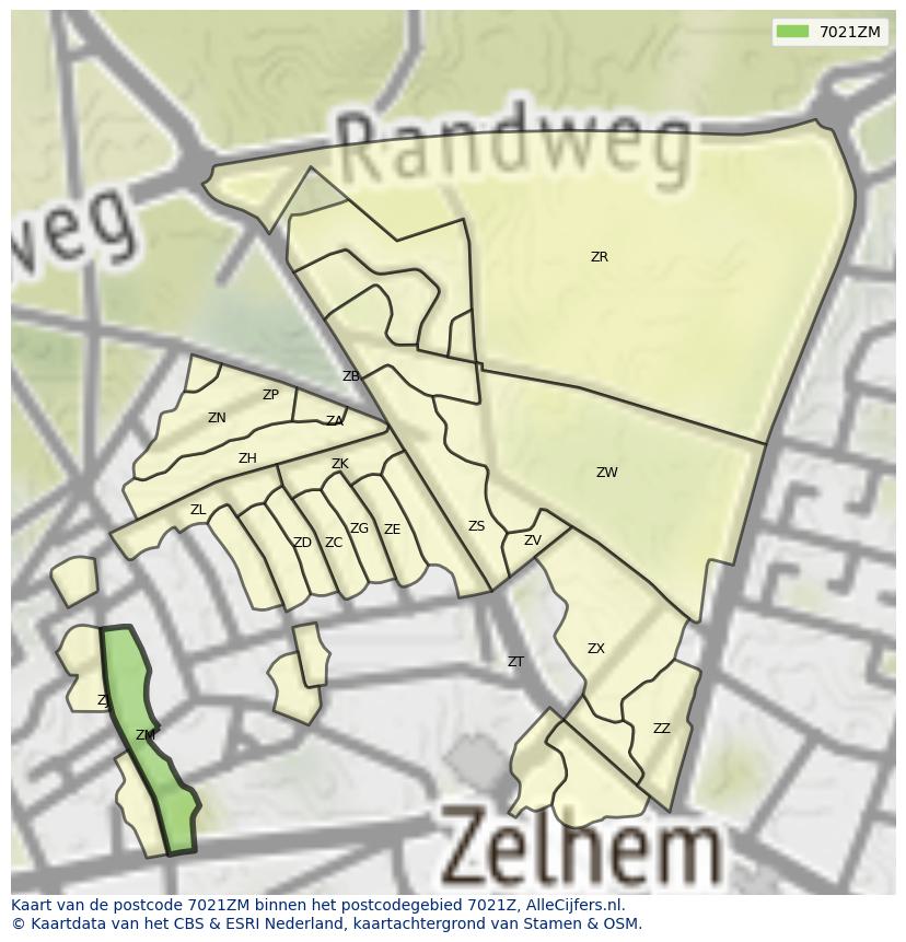 Afbeelding van het postcodegebied 7021 ZM op de kaart.