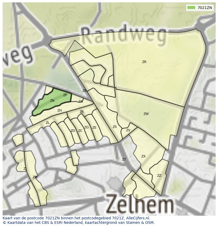 Afbeelding van het postcodegebied 7021 ZN op de kaart.
