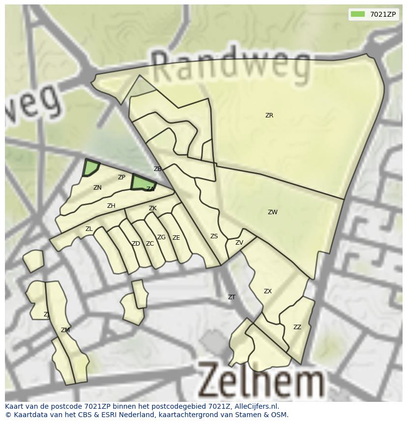 Afbeelding van het postcodegebied 7021 ZP op de kaart.
