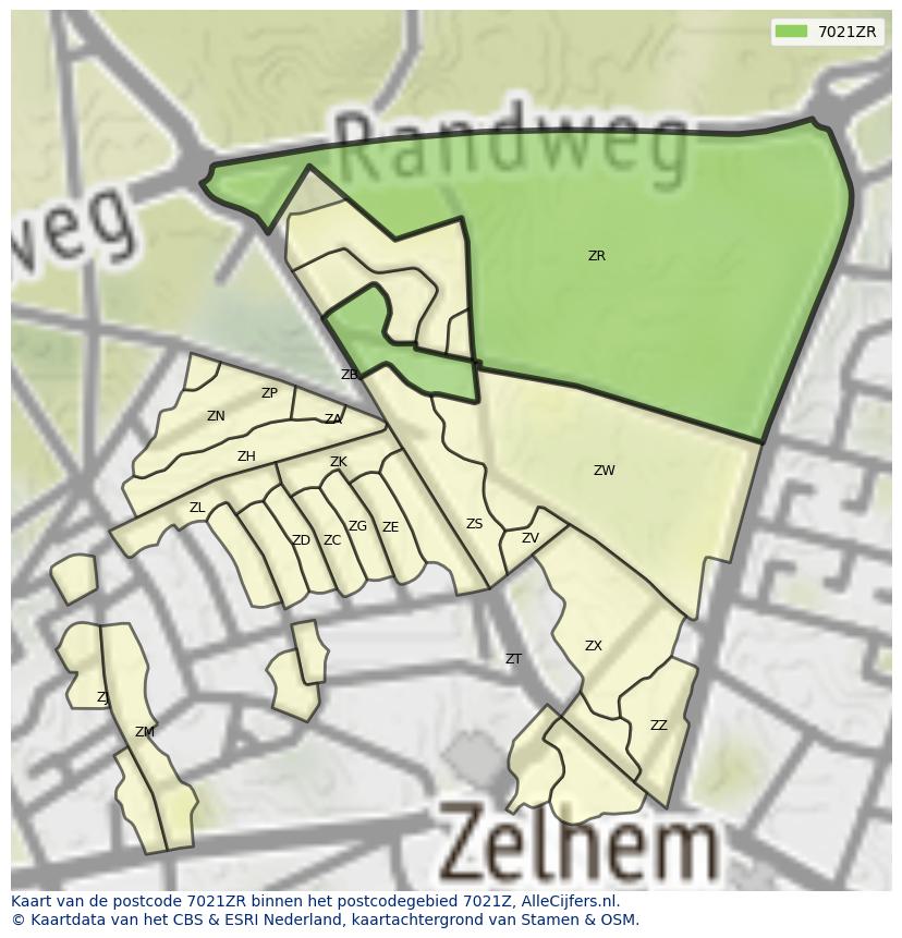 Afbeelding van het postcodegebied 7021 ZR op de kaart.