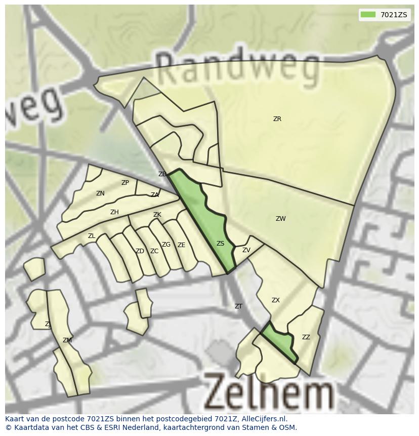 Afbeelding van het postcodegebied 7021 ZS op de kaart.