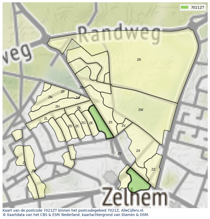 Afbeelding van het postcodegebied 7021 ZT op de kaart.