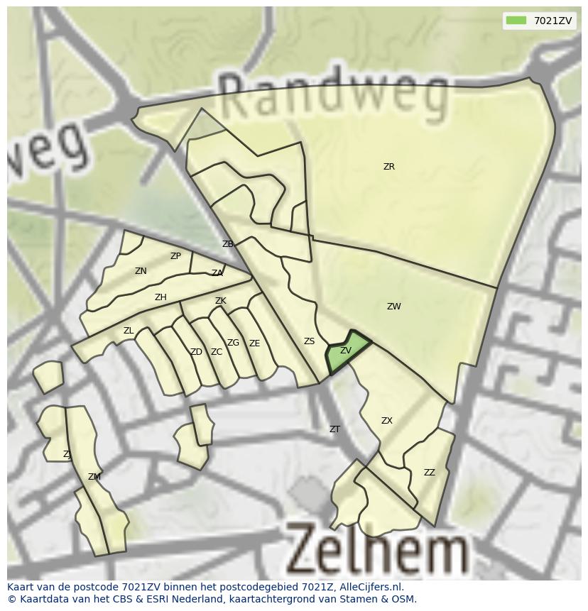 Afbeelding van het postcodegebied 7021 ZV op de kaart.