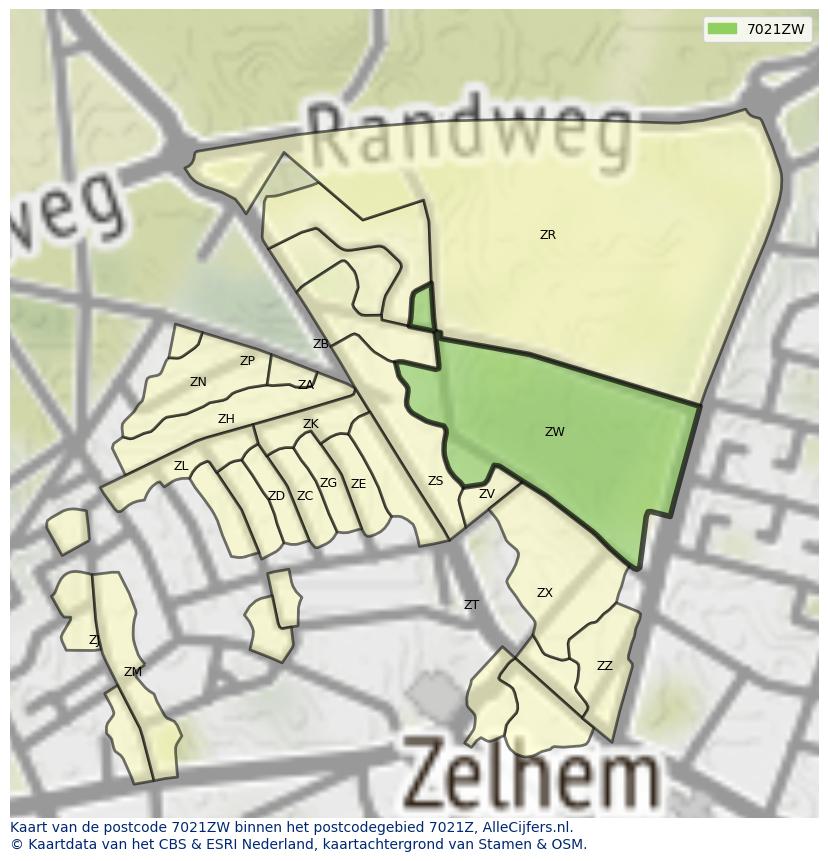 Afbeelding van het postcodegebied 7021 ZW op de kaart.
