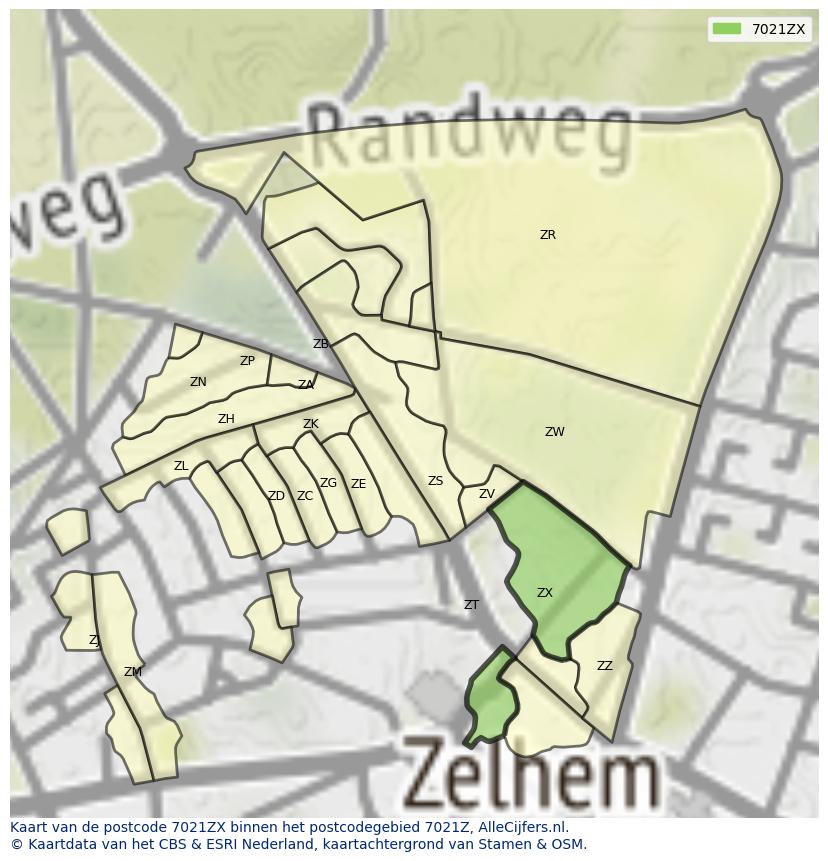 Afbeelding van het postcodegebied 7021 ZX op de kaart.