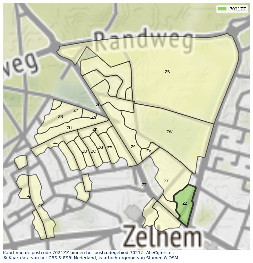 Afbeelding van het postcodegebied 7021 ZZ op de kaart.