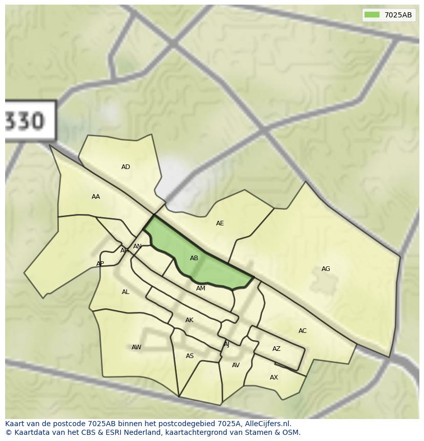 Afbeelding van het postcodegebied 7025 AB op de kaart.