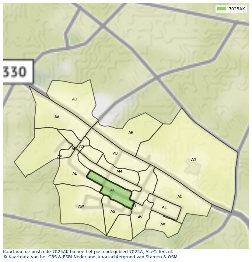 Afbeelding van het postcodegebied 7025 AK op de kaart.