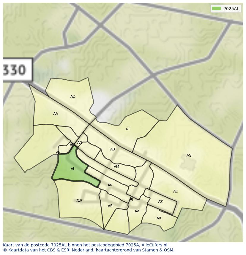 Afbeelding van het postcodegebied 7025 AL op de kaart.
