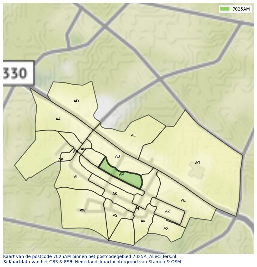 Afbeelding van het postcodegebied 7025 AM op de kaart.