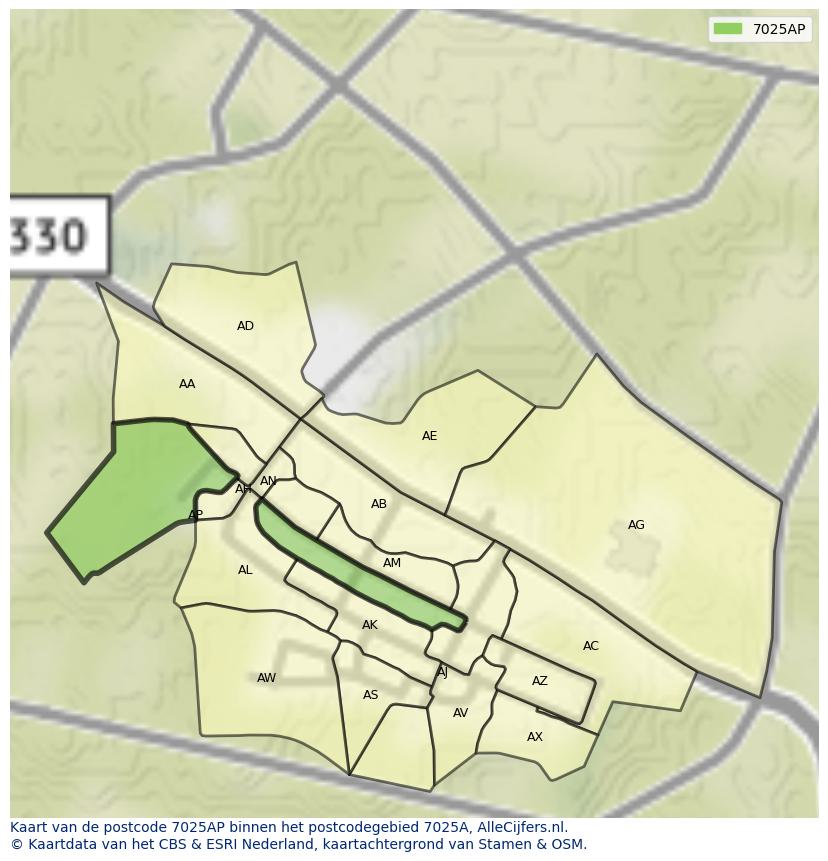 Afbeelding van het postcodegebied 7025 AP op de kaart.