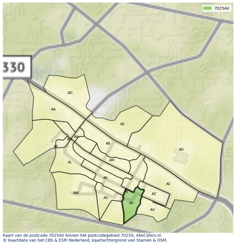 Afbeelding van het postcodegebied 7025 AV op de kaart.