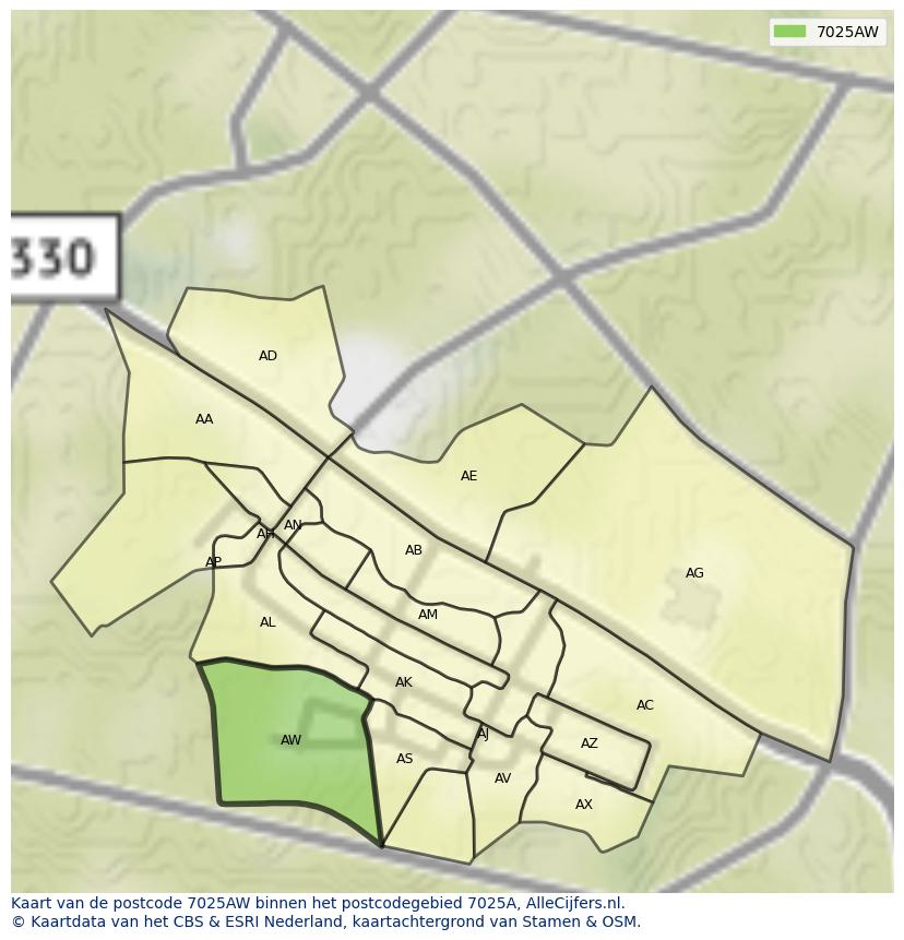 Afbeelding van het postcodegebied 7025 AW op de kaart.
