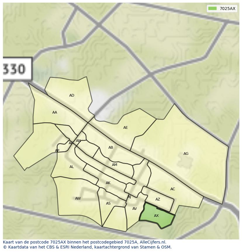 Afbeelding van het postcodegebied 7025 AX op de kaart.