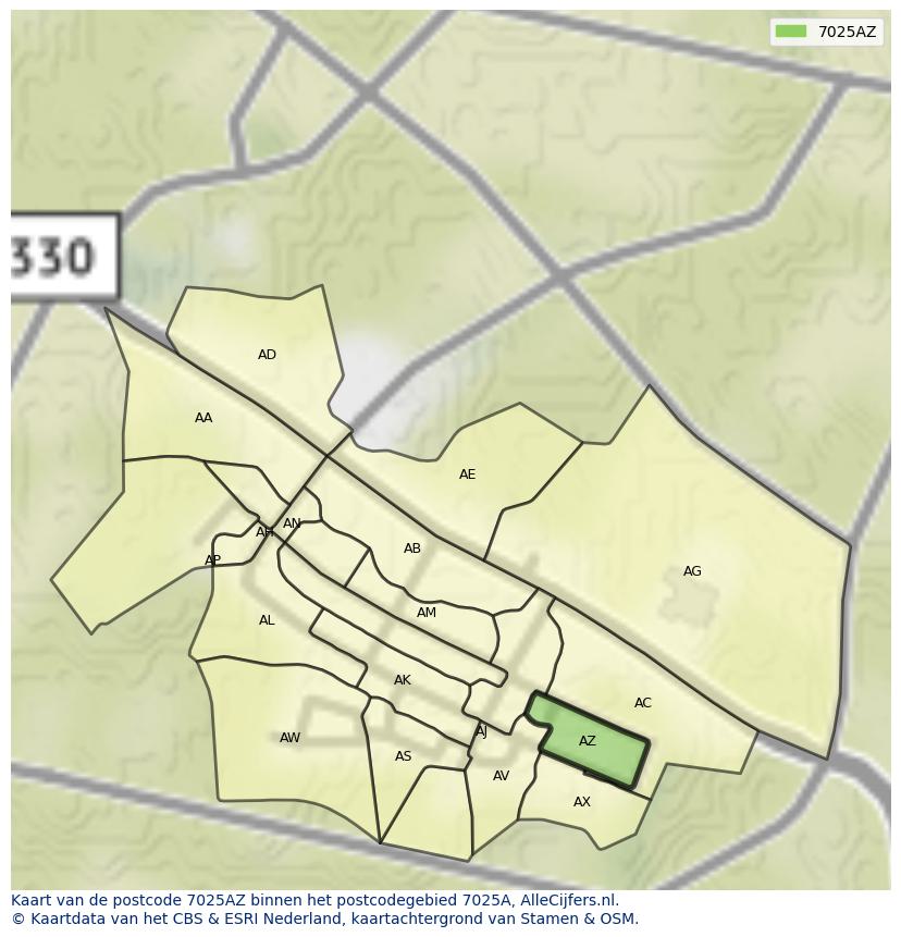 Afbeelding van het postcodegebied 7025 AZ op de kaart.