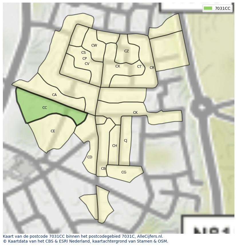 Afbeelding van het postcodegebied 7031 CC op de kaart.