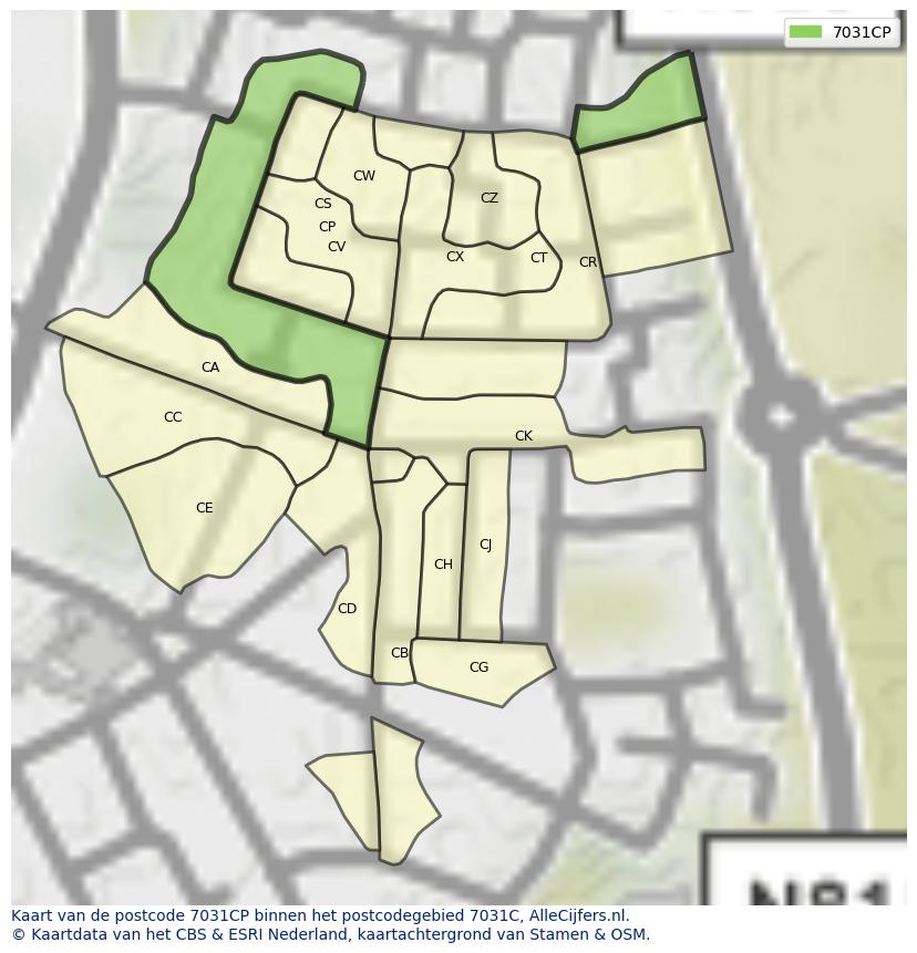 Afbeelding van het postcodegebied 7031 CP op de kaart.