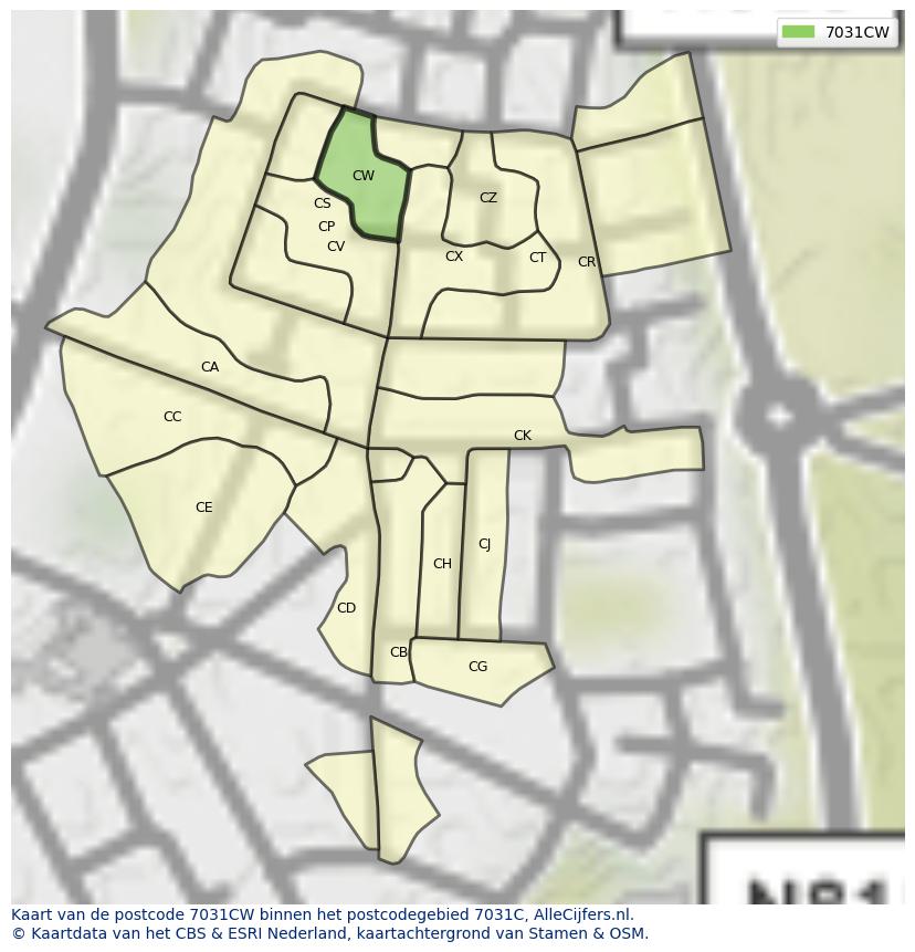 Afbeelding van het postcodegebied 7031 CW op de kaart.