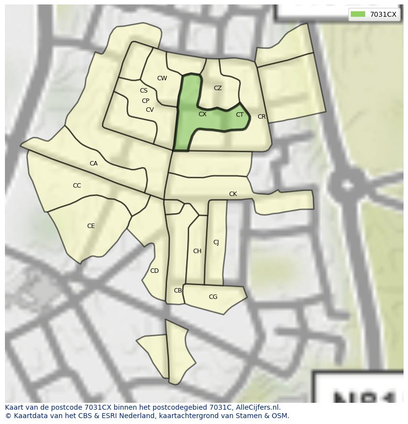Afbeelding van het postcodegebied 7031 CX op de kaart.