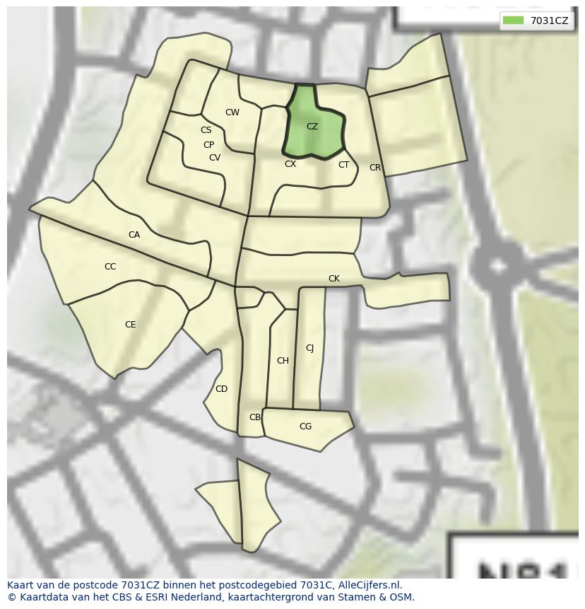 Afbeelding van het postcodegebied 7031 CZ op de kaart.