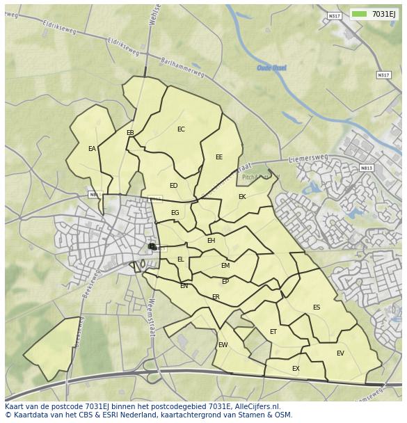 Afbeelding van het postcodegebied 7031 EJ op de kaart.