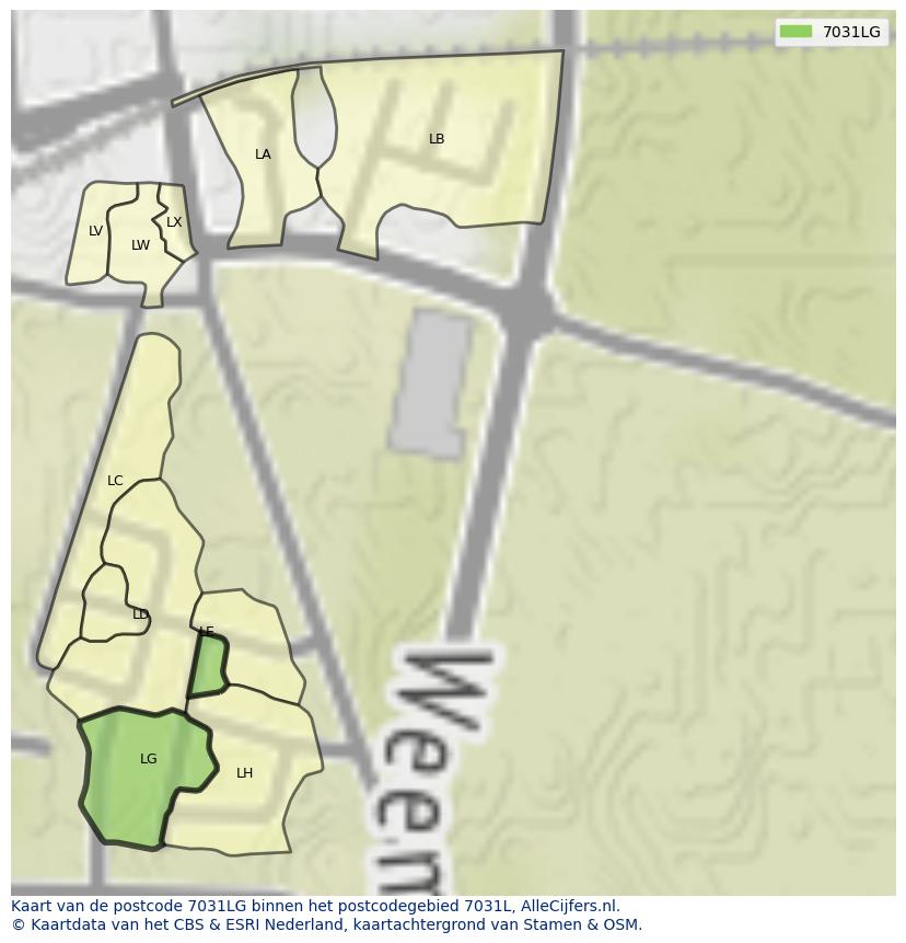 Afbeelding van het postcodegebied 7031 LG op de kaart.