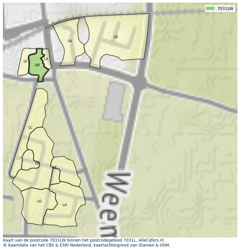 Afbeelding van het postcodegebied 7031 LW op de kaart.