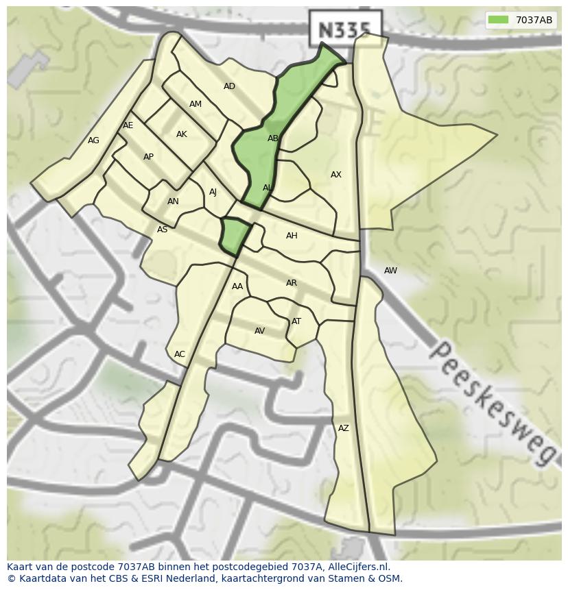 Afbeelding van het postcodegebied 7037 AB op de kaart.