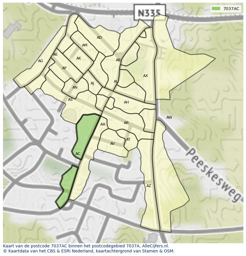 Afbeelding van het postcodegebied 7037 AC op de kaart.