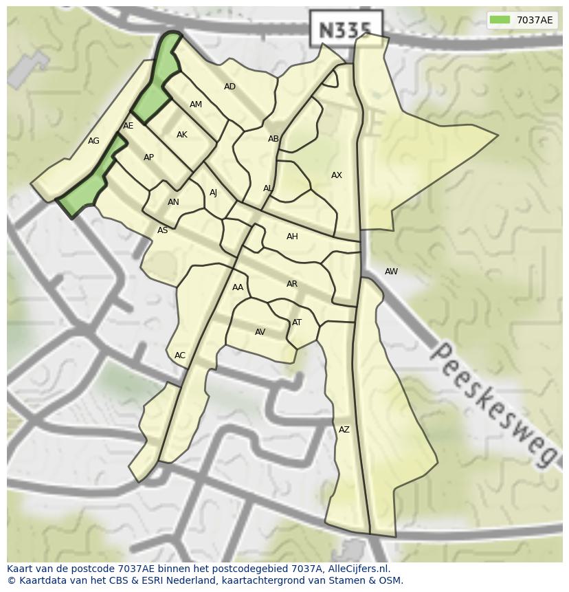 Afbeelding van het postcodegebied 7037 AE op de kaart.